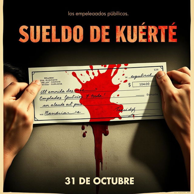 A dramatic movie poster for 'Sueldo de Muerte', featuring a bloody check as the central image, symbolizing the dark themes of the film