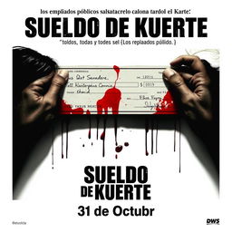 A dramatic movie poster for 'Sueldo de Muerte', featuring a bloody check as the central image, symbolizing the dark themes of the film