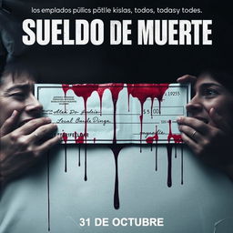 A dramatic movie poster for 'Sueldo de Muerte', featuring a bloody check as the central image, symbolizing the dark themes of the film
