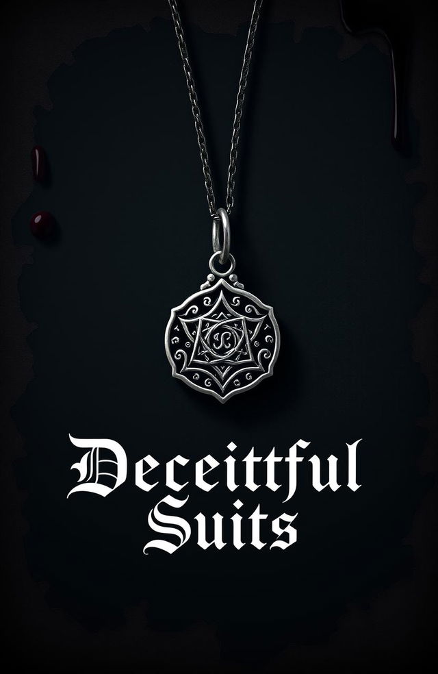 An emblem charm from a secret society prominently displayed on a delicate necklace chain, set against a dark, moody background that features stained edges and drips of blood