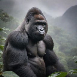 A riveting portrayal of a mountain gorilla, showcasing its majestic, muscular stature and dense, dark fur against the arresting backdrop of a tropical rainforest in the misty mountains.