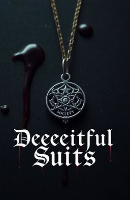 An emblem charm from a secret society prominently displayed on a delicate necklace chain, set against a dark, moody background that features stained edges and drips of blood