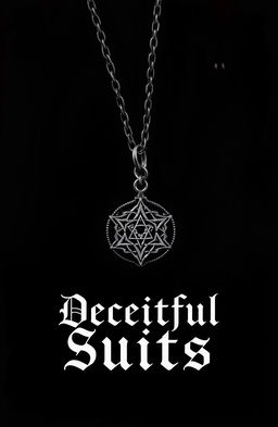 An emblem charm from a secret society prominently displayed on a delicate necklace chain, set against a dark, moody background that features stained edges and drips of blood