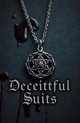 An emblem charm from a secret society prominently displayed on a delicate necklace chain, set against a dark, moody background that features stained edges and drips of blood