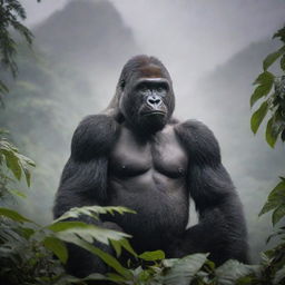 A riveting portrayal of a mountain gorilla, showcasing its majestic, muscular stature and dense, dark fur against the arresting backdrop of a tropical rainforest in the misty mountains.