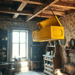 A striking yellow chest suspended above an old, rustic room filled with vintage decor