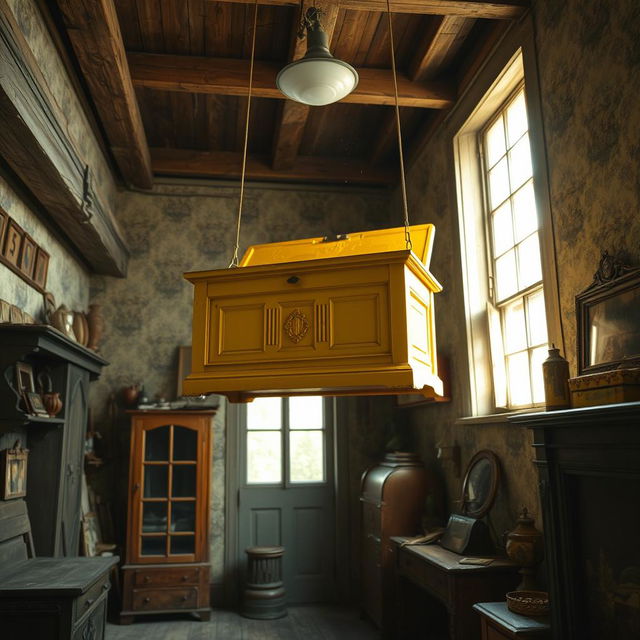 A striking yellow chest suspended above an old, rustic room filled with vintage decor