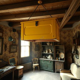 A striking yellow chest suspended above an old, rustic room filled with vintage decor