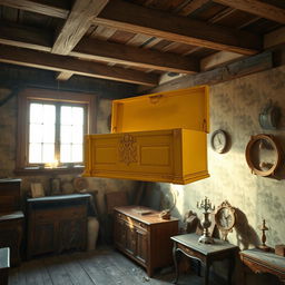 A striking yellow chest suspended above an old, rustic room filled with vintage decor