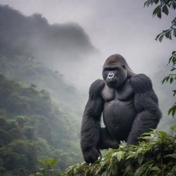 A riveting portrayal of a mountain gorilla, showcasing its majestic, muscular stature and dense, dark fur against the arresting backdrop of a tropical rainforest in the misty mountains.