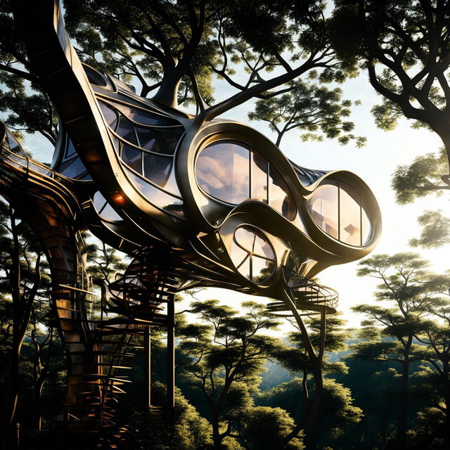 A Santiago Calatrava-inspired futuristic tree house floating in the air, bathed in warm sunlight. Camera settings: manual mode, f/8 aperture, ISO 200.