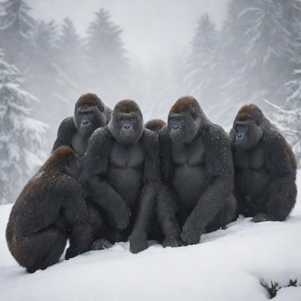 A captivating depiction of a group of gorillas huddling for warmth in their snow-covered mountain habitat, their dark, robust forms standing out dramatically against the pristine, white snow.