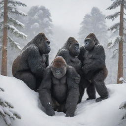 A captivating depiction of a group of gorillas huddling for warmth in their snow-covered mountain habitat, their dark, robust forms standing out dramatically against the pristine, white snow.