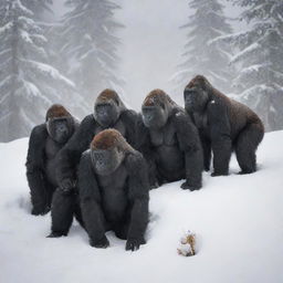 A captivating depiction of a group of gorillas huddling for warmth in their snow-covered mountain habitat, their dark, robust forms standing out dramatically against the pristine, white snow.