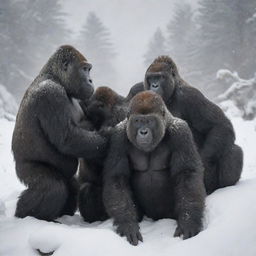 A captivating depiction of a group of gorillas huddling for warmth in their snow-covered mountain habitat, their dark, robust forms standing out dramatically against the pristine, white snow.