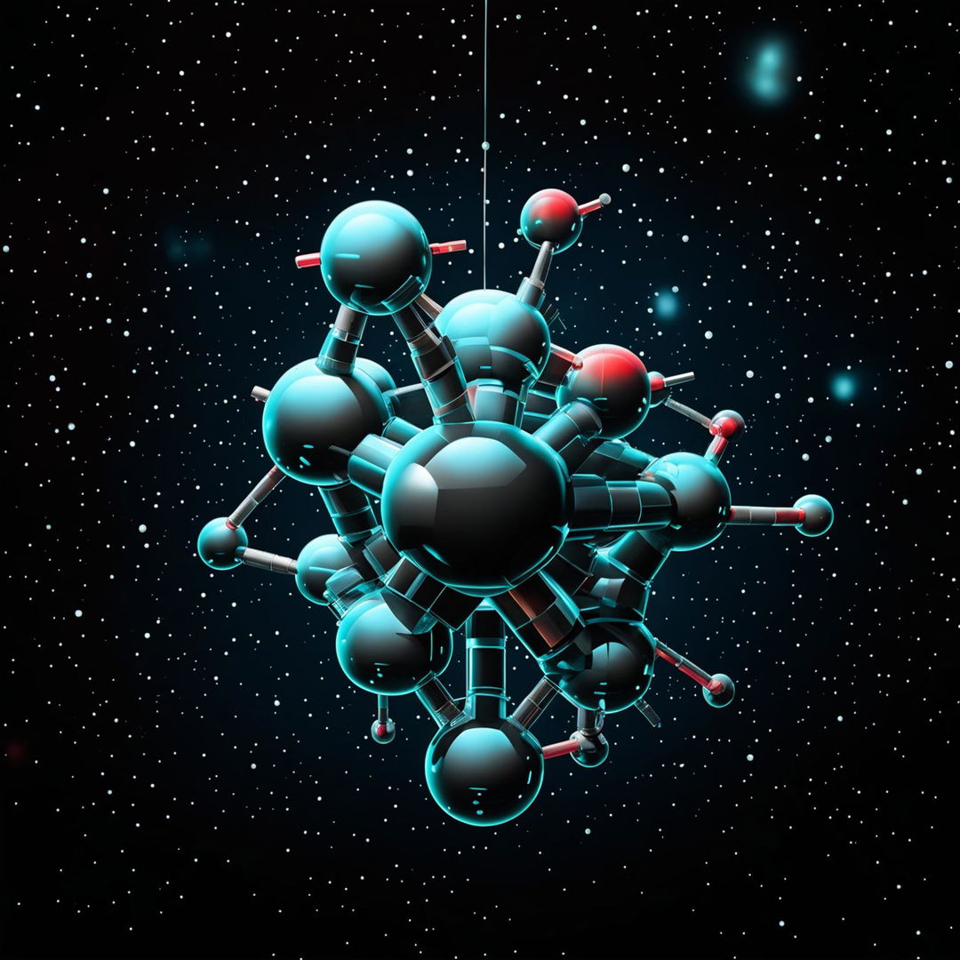 3D digital rendering of Trenbolone Acetate molecular structure in space-like setting.