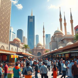 A vibrant and dynamic representation of Islamic modernity, showcasing a fusion of traditional Islamic art and architecture with contemporary elements