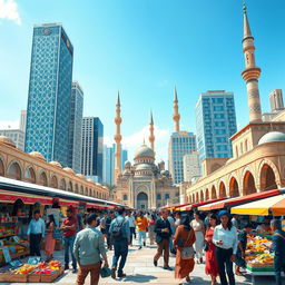 A vibrant and dynamic representation of Islamic modernity, showcasing a fusion of traditional Islamic art and architecture with contemporary elements