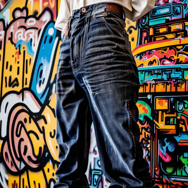 Retro 90s high-waisted jeans in medium blue wash, styled on a mannequin against graffiti backdrop in an editorial product shot.