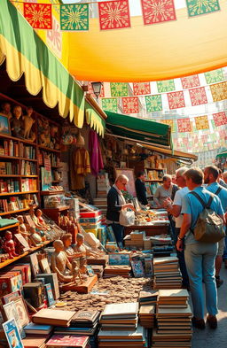 A vibrant and bustling outdoor market scene featuring mercanchifles, colorful stalls filled with antique collectibles, vintage toys, and unique trinkets