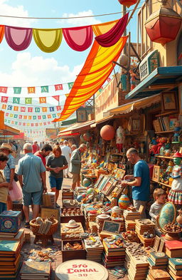 A vibrant and bustling outdoor market scene featuring mercanchifles, colorful stalls filled with antique collectibles, vintage toys, and unique trinkets