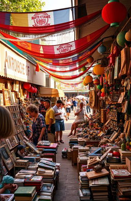 A vibrant and bustling outdoor market scene featuring mercanchifles, colorful stalls filled with antique collectibles, vintage toys, and unique trinkets