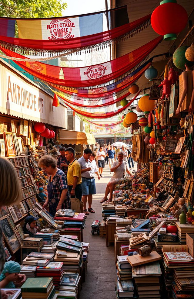 A vibrant and bustling outdoor market scene featuring mercanchifles, colorful stalls filled with antique collectibles, vintage toys, and unique trinkets