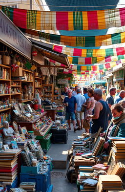 A vibrant and bustling outdoor market scene featuring mercanchifles, colorful stalls filled with antique collectibles, vintage toys, and unique trinkets