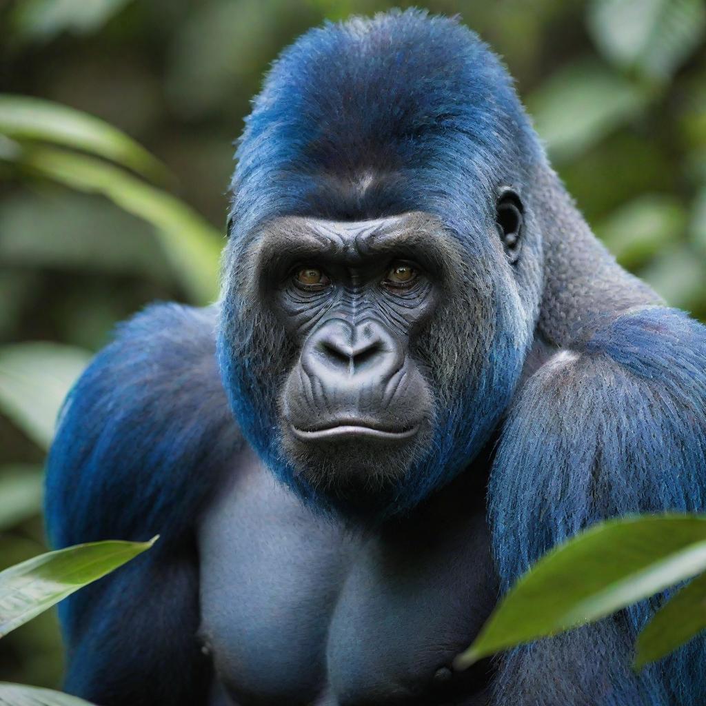 A mesmerizing image of a striking blue gorilla, highlighting an unlikely eye-catching blue fur color that creates a surreal, mystical feel, standing amidst a backdrop of vibrant tropical flora.