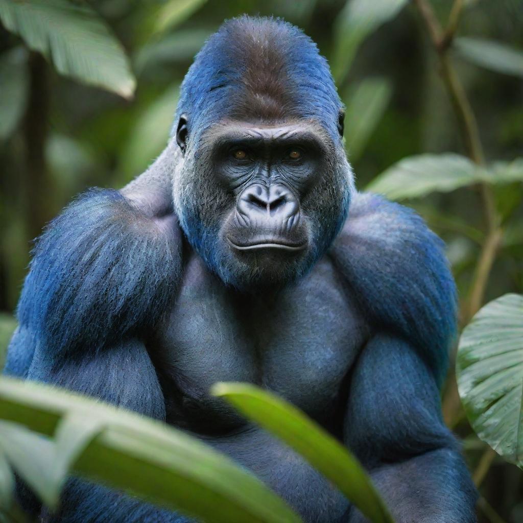 A mesmerizing image of a striking blue gorilla, highlighting an unlikely eye-catching blue fur color that creates a surreal, mystical feel, standing amidst a backdrop of vibrant tropical flora.