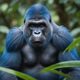 A mesmerizing image of a striking blue gorilla, highlighting an unlikely eye-catching blue fur color that creates a surreal, mystical feel, standing amidst a backdrop of vibrant tropical flora.