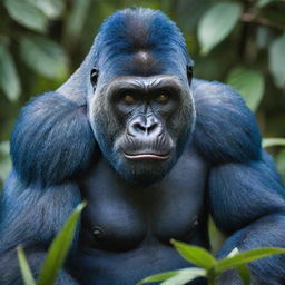 A mesmerizing image of a striking blue gorilla, highlighting an unlikely eye-catching blue fur color that creates a surreal, mystical feel, standing amidst a backdrop of vibrant tropical flora.