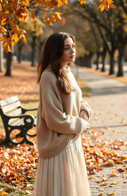 A touching scene depicting a woman saying goodbye with tears in her eyes, set in a sunlit park during autumn