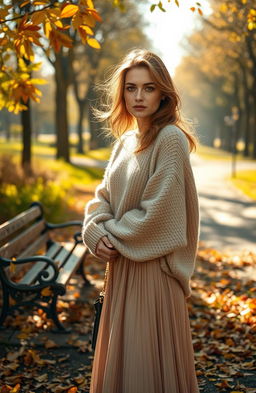 A touching scene depicting a woman saying goodbye with tears in her eyes, set in a sunlit park during autumn