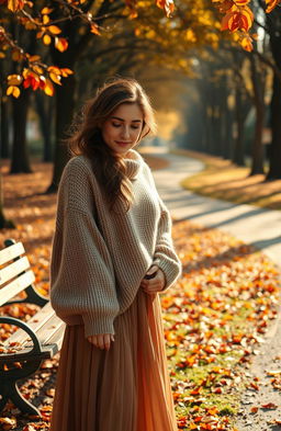 A touching scene depicting a woman saying goodbye with tears in her eyes, set in a sunlit park during autumn