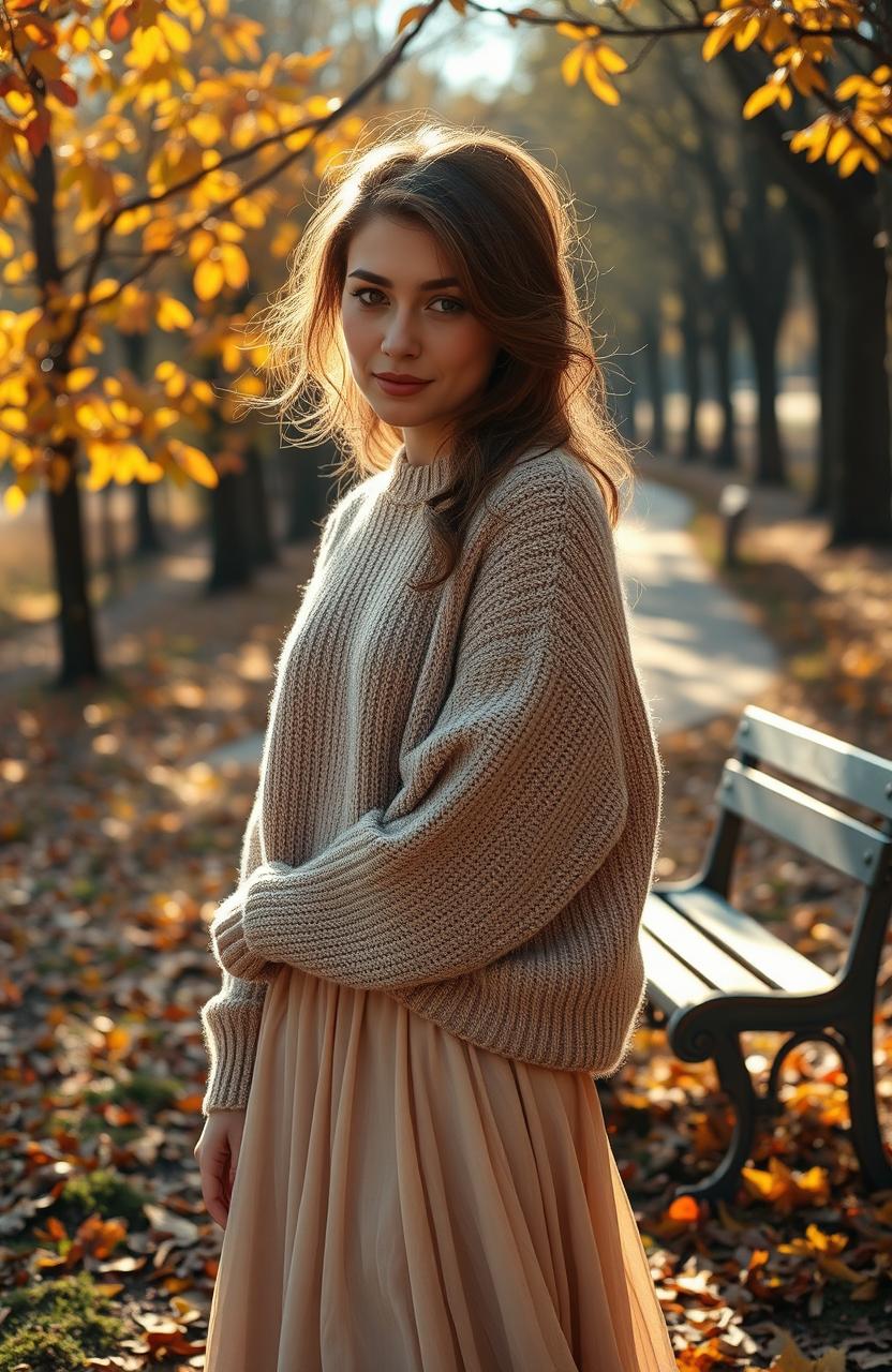 A touching scene depicting a woman saying goodbye with tears in her eyes, set in a sunlit park during autumn