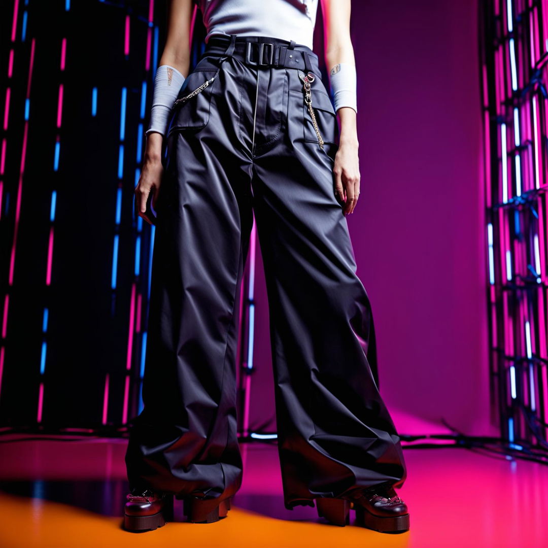 Retro 90s baggy pants in bold black, styled on a mannequin against a neon-lit backdrop in an editorial product shot.