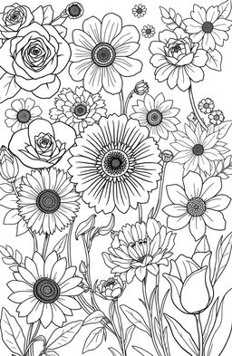 A beautifully designed collection of various flowers for a coloring book, featuring intricate designs of roses, daisies, sunflowers, and tulips