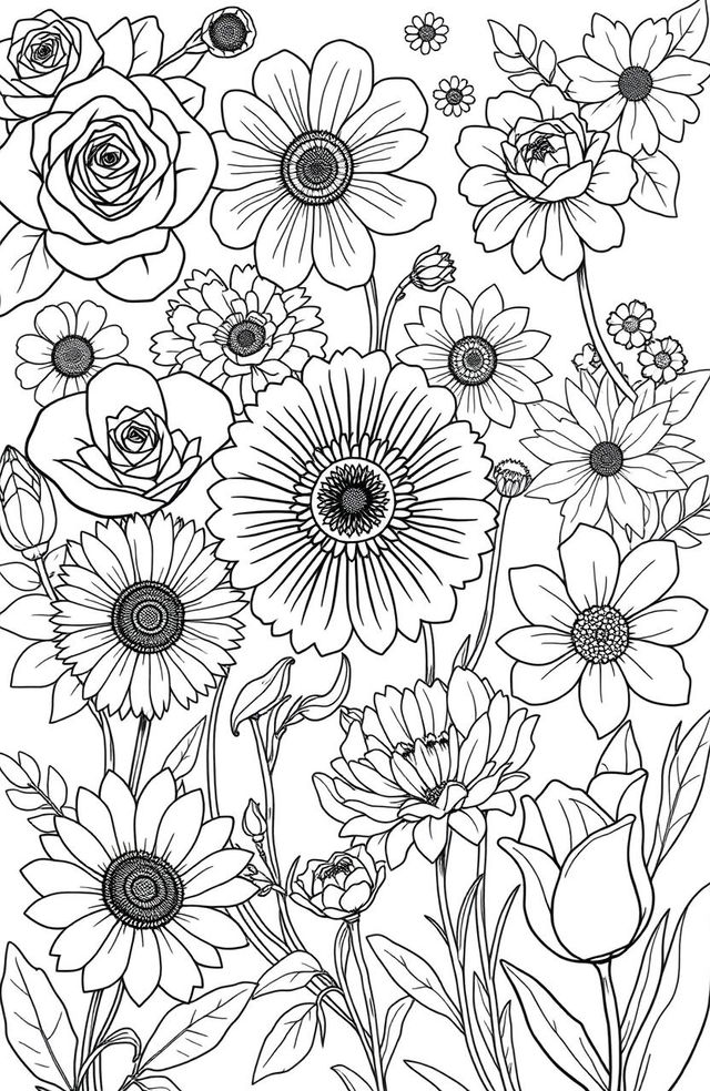 A beautifully designed collection of various flowers for a coloring book, featuring intricate designs of roses, daisies, sunflowers, and tulips