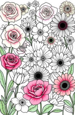 A beautifully designed collection of various flowers for a coloring book, featuring intricate designs of roses, daisies, sunflowers, and tulips