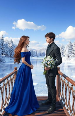 A romantic fantasy scene depicting two young heirs, a man and a woman, standing on a bridge overlooking a picturesque, frozen lake surrounded by a winter landscape with snow-covered trees