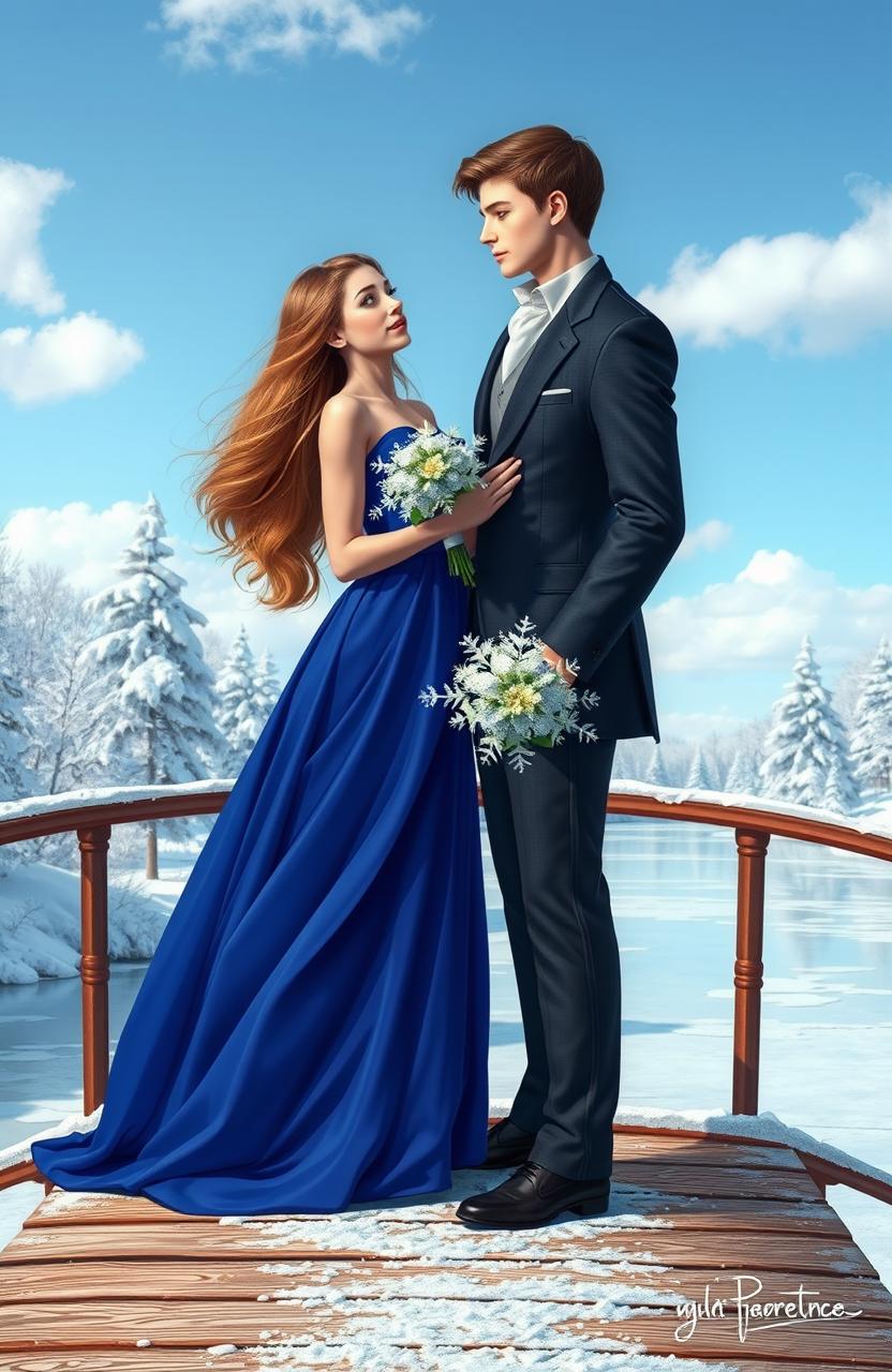 A romantic fantasy scene depicting two young heirs, a man and a woman, standing on a bridge overlooking a picturesque, frozen lake surrounded by a winter landscape with snow-covered trees