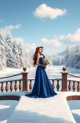 A romantic fantasy scene depicting two young heirs, a man and a woman, standing on a bridge overlooking a picturesque, frozen lake surrounded by a winter landscape with snow-covered trees