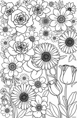 A beautifully designed collection of various flowers for a coloring book, featuring intricate designs of roses, daisies, sunflowers, and tulips