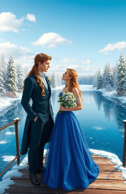 A romantic fantasy scene depicting two young heirs, a man and a woman, standing on a bridge overlooking a picturesque, frozen lake surrounded by a winter landscape with snow-covered trees