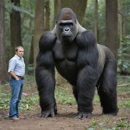 A captivating image showing a size comparison of the largest recorded gorilla standing next to an average adult human. The image emphasizes the gorilla's impressive stature and muscle mass, highlighting nature's grandeur.