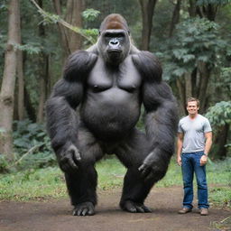 A captivating image showing a size comparison of the largest recorded gorilla standing next to an average adult human. The image emphasizes the gorilla's impressive stature and muscle mass, highlighting nature's grandeur.