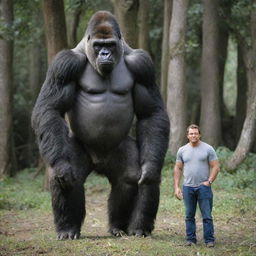 A captivating image showing a size comparison of the largest recorded gorilla standing next to an average adult human. The image emphasizes the gorilla's impressive stature and muscle mass, highlighting nature's grandeur.