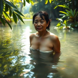 A serene scene depicting a middle-aged Indonesian woman bathing in a clear river