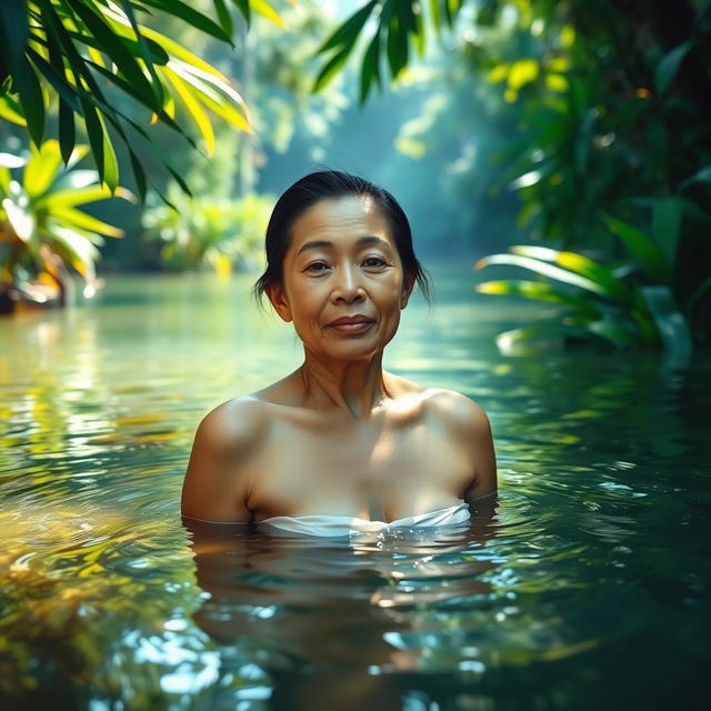 A serene scene depicting a middle-aged Indonesian woman bathing in a clear river